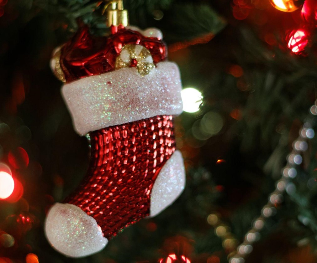 Christmas tree decoration hangs on a tree, close-up